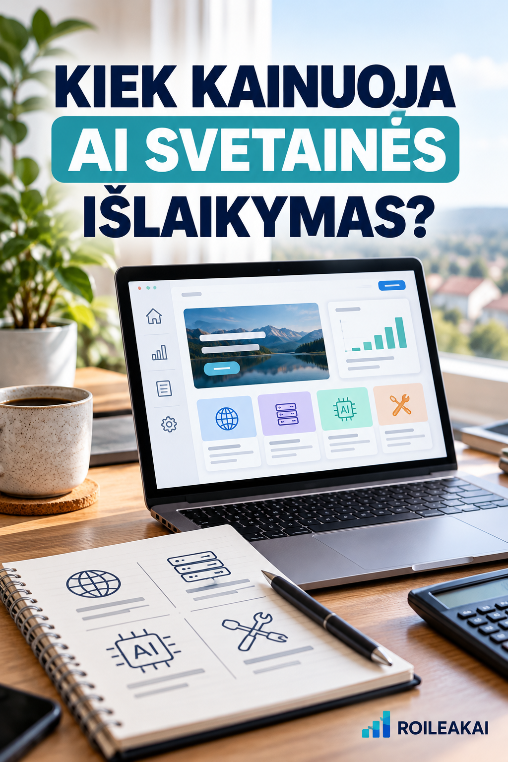Redakcinė iliustracija apie AI svetainės domeno, hostingo ir priežiūros išlaidas